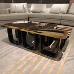 Geometric Coffee Table with High-Gloss Stainless Steel and Natural Wood Veneer Surfaces